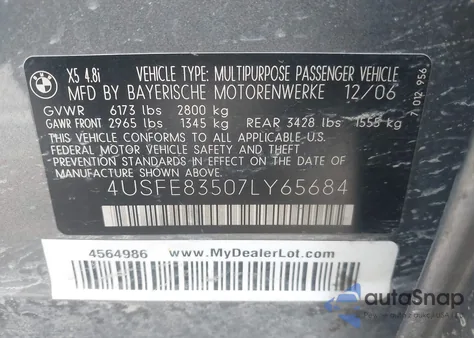 2007 BMW X5 4.8I z USA, uszkodzony, nr VIN 4USFE83507LY65684